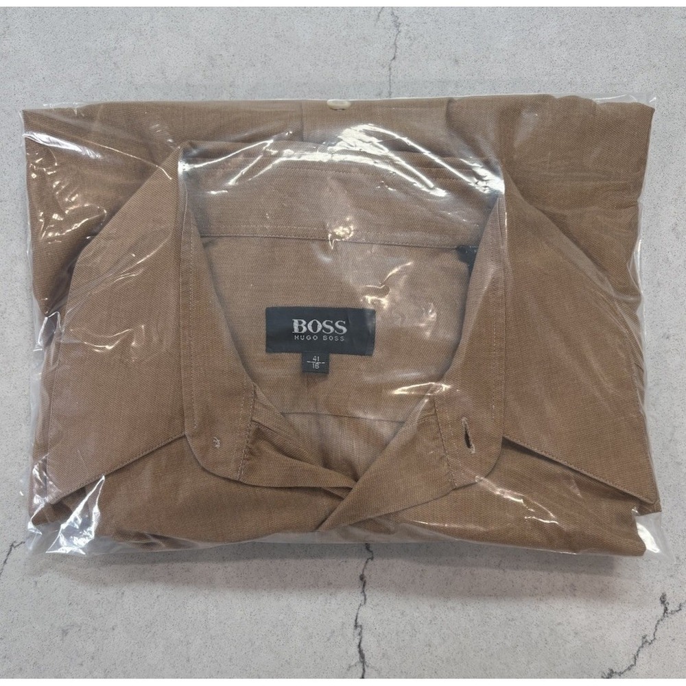 BOSS Hugo Boss Shirt Mens 41 16 Tan Brown 100% Cotton Long Sleeve EUC Portugal - Picture 8 of 9